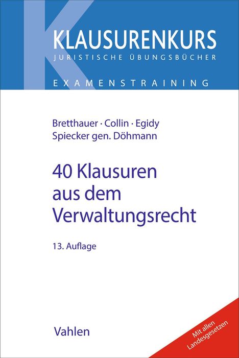 Text: "40 Klausuren aus dem Verwaltungsrecht. 13. Auflage." Blau-weiße Buchgestaltung mit rotem Streifen.