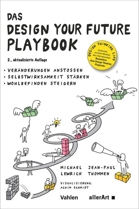 "Das Design Your Future Playbook, 2. aktualisierte Auflage, Veränderungen anstoßen, Selbstwirksamkeit stärken, Wohlbefinden steigern."  
Darunter sind fröhliche Strichmännchen in einer kreativen Szene mit Blöcken und einer Spirale dargestellt.