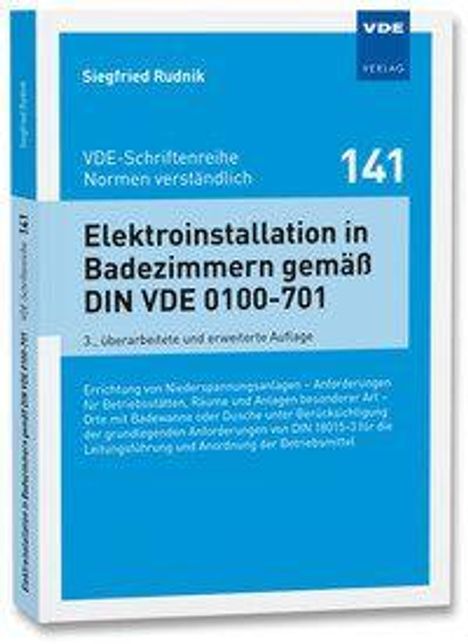 "Elektroinstallation in Badezimmern gemäß DIN VDE 0100-701" ist auf dem Buchcover zu sehen. Es ist blau mit weißem Text.