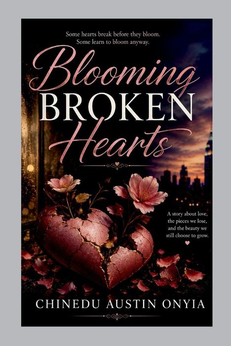 „Blooming Broken Hearts“ von Chinedu Austin Onyia. Ein gebrochenes Herz mit Blumen, vor dunklem Hintergrund.