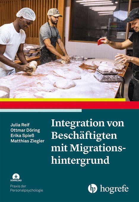 „Integration von Beschäftigten mit Migrationshintergrund.“ Drei Bäcker kneten Teig. Buchcover mit Hogrefe-Logo.