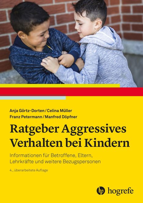 Zwei Jungen raufen vor einer Backsteinmauer; Titel: "Ratgeber Aggressives Verhalten bei Kindern."