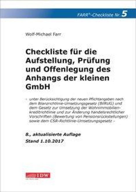 Wolf-Michael Farr: Checkliste 5 für die Aufstellung, Prüfung und Offenlegung des Anhangs der kleinen GmbH, Buch