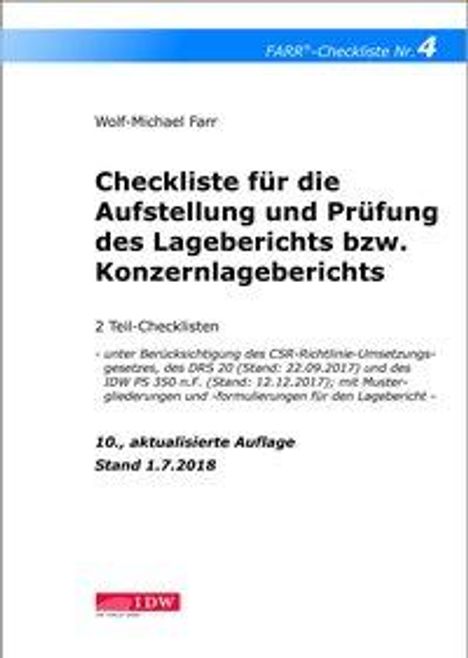Wolf-Michael Farr: Checkliste 4 für die Aufstellung und Prüfung des Lageberichts bzw. Konzernlageberichts, Buch