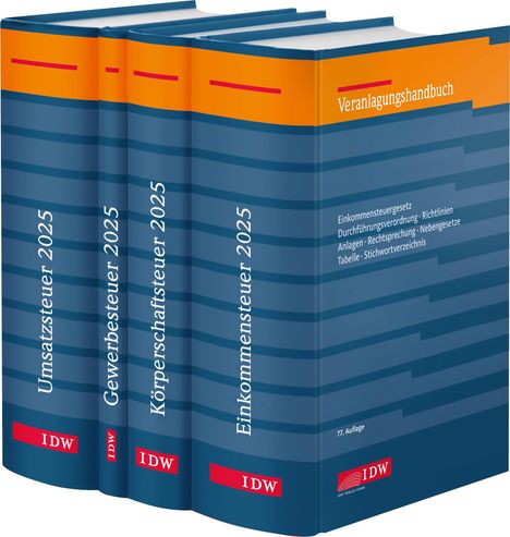 Vier blaue Bücher mit den Titeln: Umsatzsteuer 2025, Gewerbesteuer 2025, Körperschaftsteuer 2025, Einkommensteuer 2025.