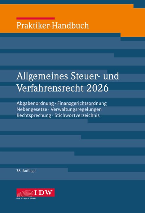 „Praktiker-Handbuch“, „Allgemeines Steuer- und Verfahrensrecht 2026“, „38. Auflage“, Logo unten. Abstraktes Design in Blau.