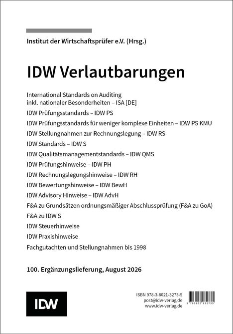 IDW Verlautbarungen über Prüfungs- und Rechnungslegungsstandards. Ergänzungslieferung, August 2026. Logo: IDW.