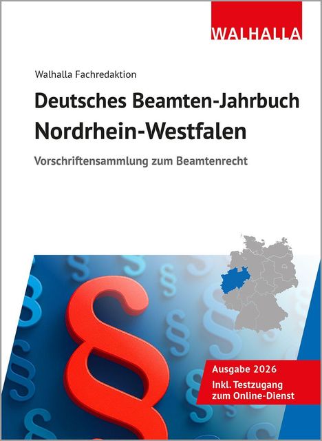 „Deutsches Beamten-Jahrbuch NRW“, Karte von Deutschland mit markiertem NRW, rotes Paragraphenzeichen vor blauer Fläche.