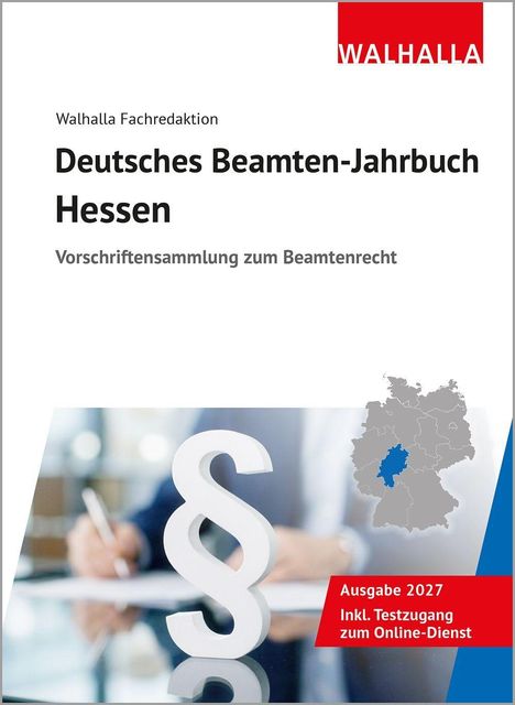 „Deutsches Beamten-Jahrbuch Hessen“, Vorschriftensammlung, Ausgabe 2027. Logo „WALHALLA“, Deutschlandkarte, Paragraphensymbol.