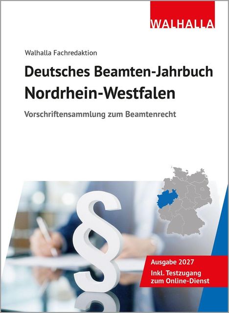 "Deutsches Beamten-Jahrbuch Nordrhein-Westfalen", "Ausgabe 2027". Ein Paragrafenzeichen, eine Person schreibt.