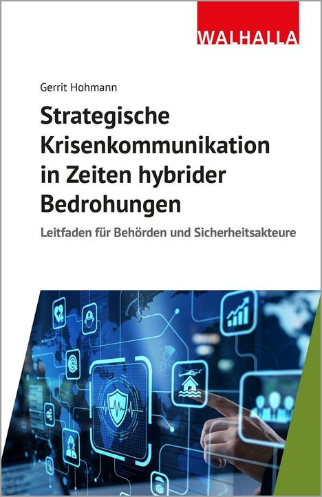 Text: Gerrit Hohmann, Strategische Krisenkommunikation in Zeiten hybrider Bedrohungen. Unten: blau leuchtende Technologie-Icons.