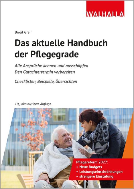 "Das aktuelle Handbuch der Pflegegrade" von Birgit Greif. Foto zeigt eine Frau, die sich um einen älteren Mann kümmert.