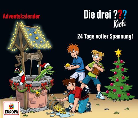 "Adventskalender", "Die drei ??? Kids", "24 Tage voller Spannung!". Illustration von Kindern an einem Brunnen mit Weihnachtsschmuck.