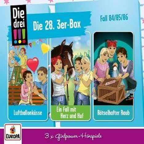 Logo mit Text: "Die drei !!!". Titel: "Die 28. 3er-Box". Fälle 84/85/86. Szenen mit Teenagern und Pony in farbenfrohen Illustrationen.
