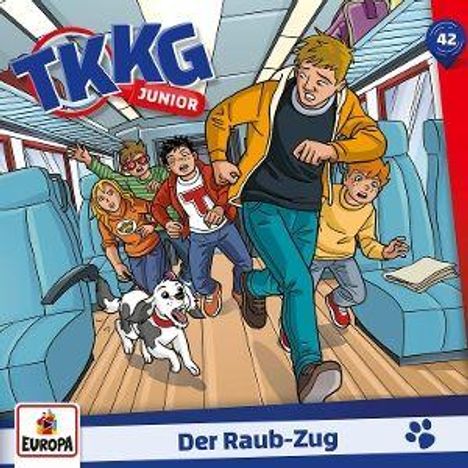 "Der Raub-Zug", TKKG Junior Logo. Kinder rennen mit einem Hund durch einen Zug. Europa Label unten links.