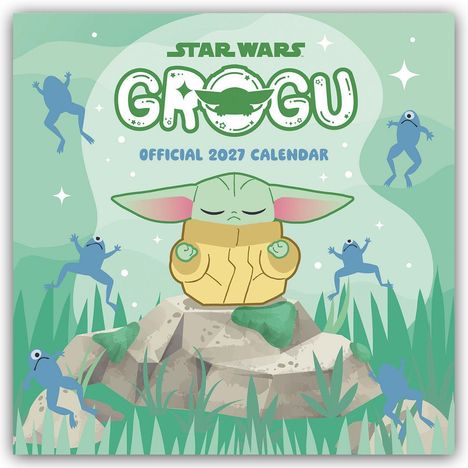 "Star Wars Grogu Official 2027 Calendar." Illustration von Grogu auf einem Felsen sitzend, umgeben von blauen Fröschen.