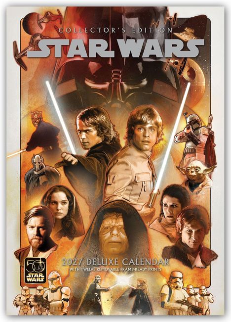 „Collector’s Edition: Star Wars 2027 Deluxe Calendar“. Verschiedene Figuren aus Star Wars mit Lichtschwertern.