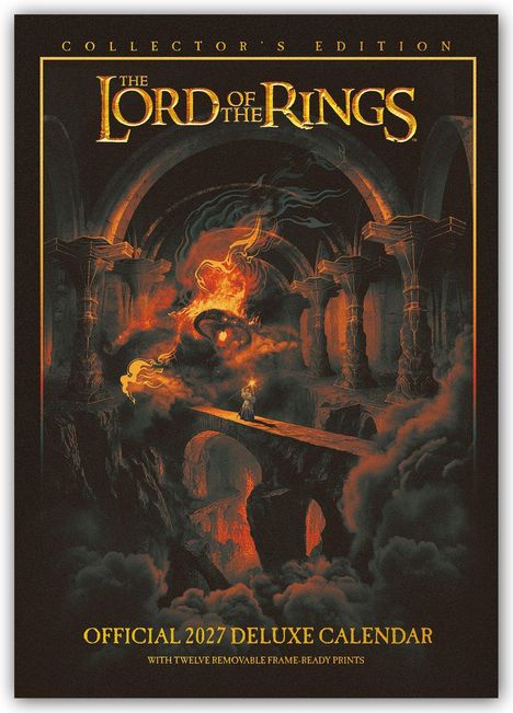 "The Lord of the Rings: Collector's Edition. Official 2027 Deluxe Calendar. Illustration eines Brückenübergangs mit Feuer-Dämon."