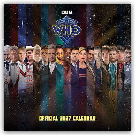 "Official 2027 Calendar" in gelb. BBC-Logo und "DOCTOR WHO" darüber. Verschiedene Personas vor einem Sternenhintergrund.