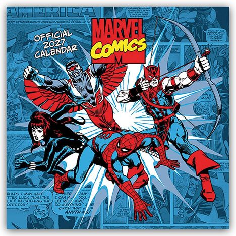 Text: "Official 2027 Calendar", "Marvel Comics". Illustration von Superhelden in Aktion, umgeben von Comic-Elementen.