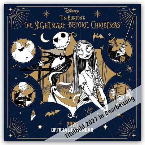 „Tim Burton's The Nightmare Before Christmas“, 2026 Kalender, Figuren wie Jack und Sally in Illustrationen.