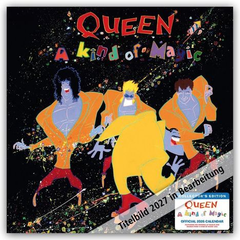 „QUEEN A kind of Magic“. Drei stilisierte Figuren in bunten Anzügen auf schwarzem Hintergrund. Eine bunte Szene.