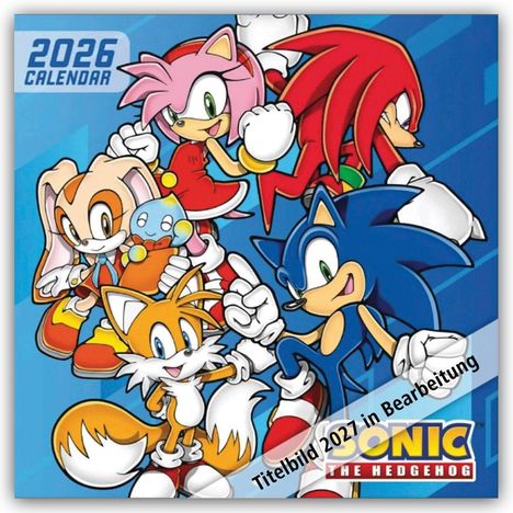 Text: "2026 Calendar", "Titelbild 2027 in Bearbeitung". Illustration mit bunten, fröhlichen Cartoon-Tieren.