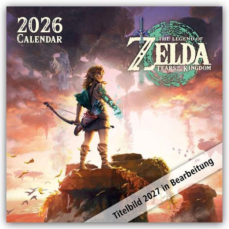 2026 Calendar, Titelbild 2027 in Bearbeitung. Illustration: Eine Figur steht mit einem Bogen auf einem Felsen.