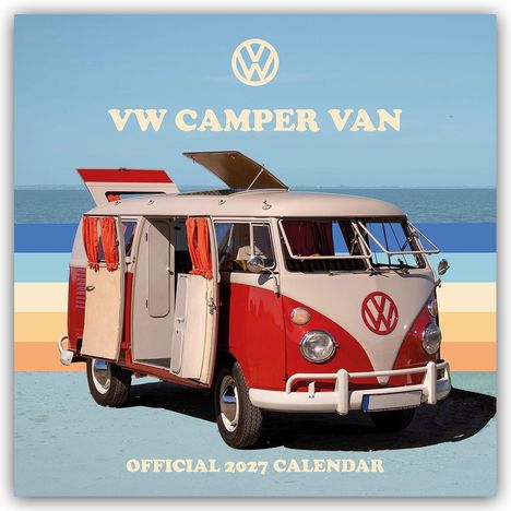 "VW Camper Van. Official 2024 Calendar." Ein roter und weißer VW-Bus am Strand, darüber Logo und farbige Streifen im Hintergrund.