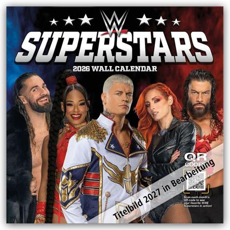 „SUPERSTARS 2026 WALL CALENDAR“, QR CODE und Hinweis: Titelbild 2027 in Bearbeitung. Wrestler in bunten Kostümen.