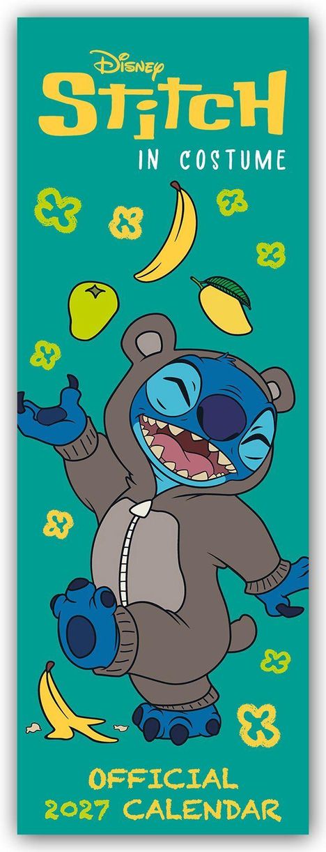 "Disney Stitch in Costume" und "Official 2027 Calendar" steht oben bzw. unten. Stitch trägt ein Bärenkostüm.