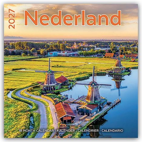 Text: „2027 Nederland. 18 Month Calendar, Kalender, Calendrier, Calendriero“. Sicht auf Windmühlen in einer grünen Landschaft.