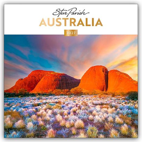 „Steve Parish AUSTRALIA 2027“ in eleganter Schrift. Rote Felsen bei Sonnenuntergang vor einem bunten Himmel und Graslandschaft.