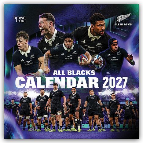 "All Blacks Calendar 2027" in großen Buchstaben, Rugby-Spieler in Aktion, Team in schwarzen Trikots, dynamischer Hintergrund.