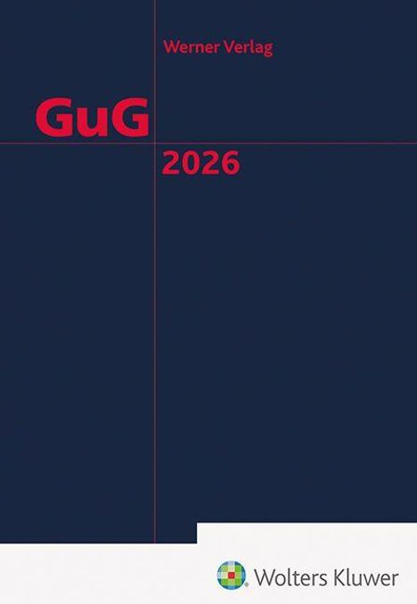 Text: "GuG 2026", "Werner Verlag". Unten Logo von Wolters Kluwer. Dunkelblauer Hintergrund mit roten Linien.