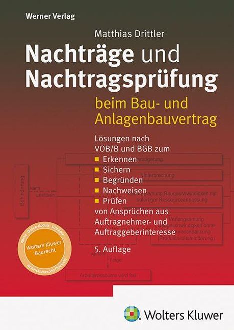 "Nachträge und Nachtragsprüfung beim Bau- und Anlagenbauvertrag" von Matthias Drittler, 5. Auflage, Wolters Kluwer Logo.