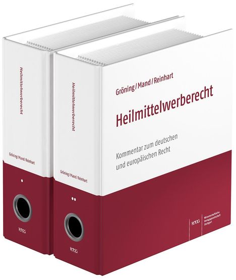 Zwei rote und weiße Ordner mit der Aufschrift "Heilmittelwerberecht" und "Kommentar zum deutschen und europäischen Recht".