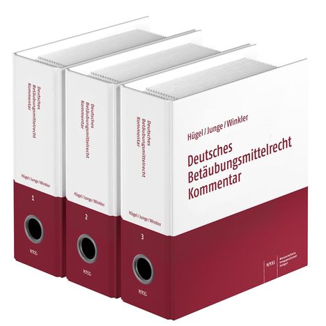 Text auf drei Aktenordnern: "Deutsches Betäubungsmittelrecht Kommentar" von Hügel/Junge/Winkler.