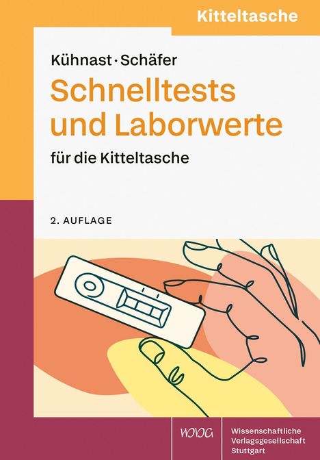 Titel: "Schnelltests und Laborwerte für die Kitteltasche". Illustration mit Schnelltest und Hand.