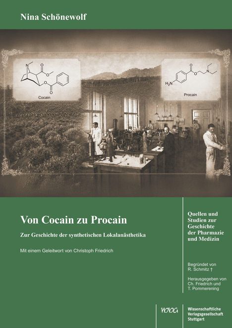 „Von Cocain zu Procain“: Geschichte der synthetischen Lokalanästhetika. Chemische Strukturformeln, Laborumgebung, historische Fotografie.