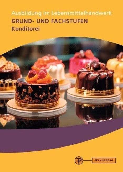 Aufschrift: "Ausbildung im Lebensmittelhandwerk. Grund- und Fachstufen Konditorei." Verschiedene edle Kuchen auf Tellern.
