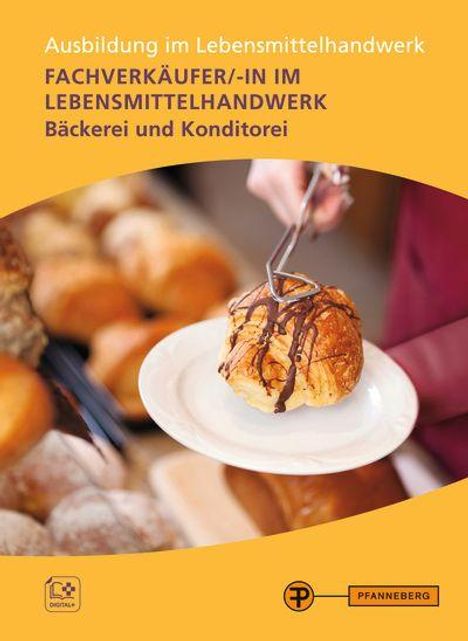 Text: "Ausbildung im Lebensmittelhandwerk, FACHVERKÄUFER/-IN IM LEBENSMITTELHANDWERK, Bäckerei und Konditorei."  
Süßgebäck wird mit Schokolade beträufelt.