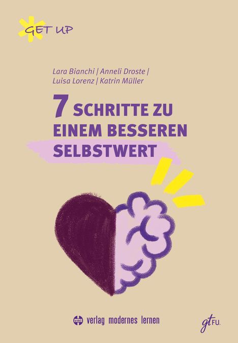 "7 Schritte zu einem besseren Selbstwert" in lila Schrift mit Herz und Gehirn Illustration auf beigefarbenem Hintergrund.