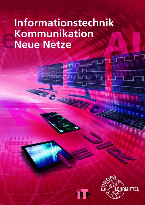 „Informationstechnik Kommunikation Neue Netze“. Hintergrund mit Monitoren, Tastaturen und mobilen Geräten in Rot- und Blautönen.