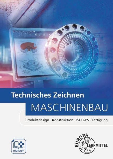 „Technisches Zeichnen Maschinenbau“ steht im Vordergrund, mit einem technischen Entwurf und Zahnrädern im Hintergrund.