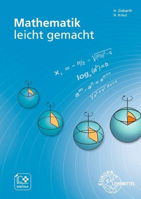 „Mathematik leicht gemacht“ oben links; Formeln und geometrische Formen auf blauem Hintergrund.