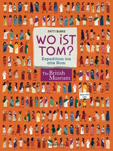 "WO IST TOM? Expedition ins alte Rom". Illustration mit bunten Figuren in antiken Gewändern auf orangenem Hintergrund.