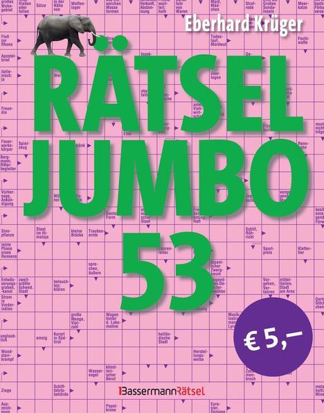 „Rätsel Jumbo 53“ steht in großer grüner Schrift. Daneben ein lila Kreis mit „€ 5,-“. Oben rechts „Eberhard Krüger“. Darunter Kreuzworträtselgitter.