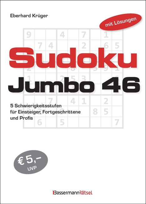 "Sudoku Jumbo 46", fünf Schwierigkeitsstufen, Eberhard Krüger, €5,-. Titelblatt eines Sudoku-Buchs.