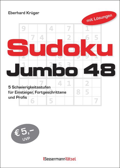 Sudoku Buch-Cover, Titel "Sudoku Jumbo 48", Autor Eberhard Krüger, Preis €5,-. Enthält 5 Schwierigkeitsstufen, mit Lösungen.
